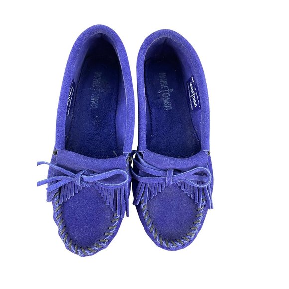 Minnetonka Blue Suede Kilty Moccasins - Picture 2 of 10